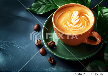 Coffee with latte art in an orange cup on a green saucer with fresh leaves, top view 113451078