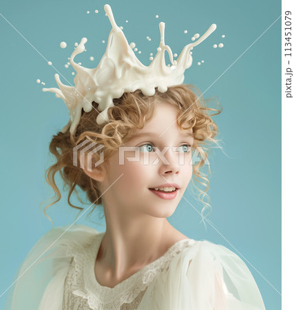 Curly-haired girl with a playful milk splash crown on a pastel blue background 113451079