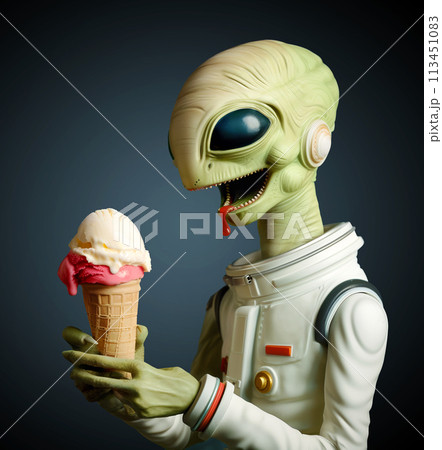 Alien in space suit admiring a melting ice cream cone Alien in space suit admiring a melting ice cream cone 113451083