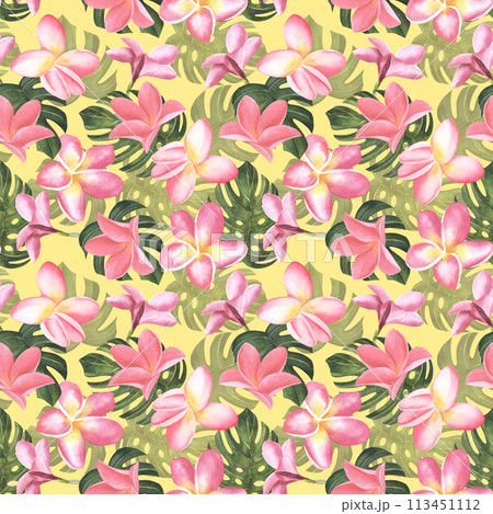 Seamless floral pattern pink plumeria flowers pastel background. Illustration watercolor hand drawing. For fabric print design texture. yellow background Seamless floral pattern pink plumeria flowers pastel background. Illustration watercolor hand drawing. For fabric print design texture. yellow background 113451112