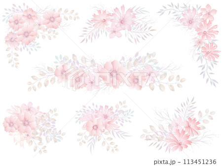 水彩風 パステルカラーの花の素材セット 水彩風 パステルカラーの花の素材セット 113451236