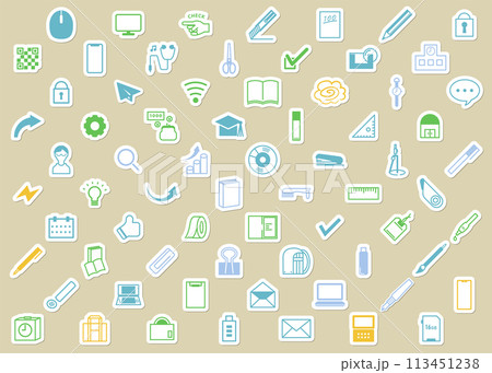 文房具・学校・職場・学習・仕事に関するイラストセット(ステッカー風) 文房具・学校・職場・学習・仕事に関するイラストセット(ステッカー風) 113451238