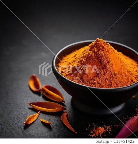 Saffron (powder) on a black background. 113451422