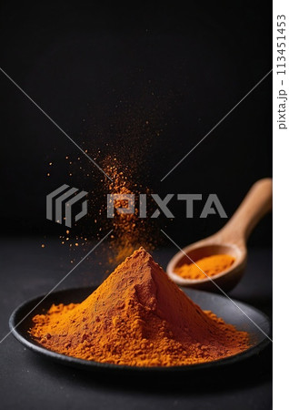 Saffron (powder) on a black background. Saffron (powder) on a black background. 113451453