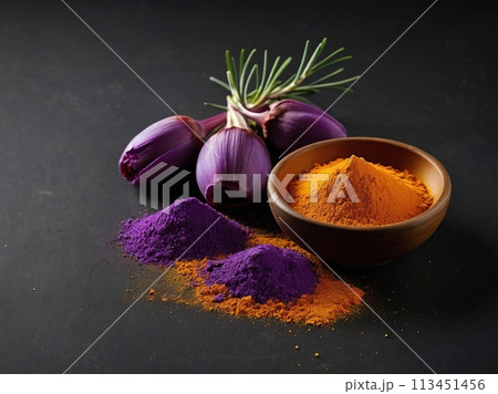 Saffron (powder) on a black background. Saffron (powder) on a black background. 113451456