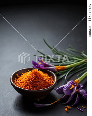 Saffron on a black background. Saffron on a black background. 113451485