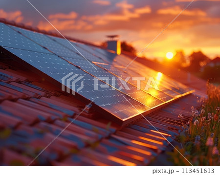 Solar Panels on House Roof at Sunset. Solar Energy Alternative Energy Renewable Concept. Photovoltaic Technology 113451613