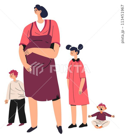 Unhappy or tired pregnant woman with children 113451967