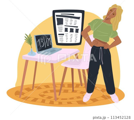Woman stretching on workplace, woman by laptop 113452128