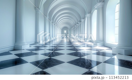 A long hallway with a black and white checkered floor, AI 113452213