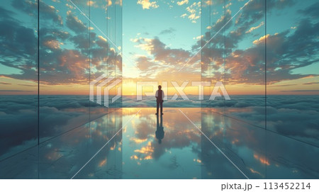 A man standing in a room with glass walls and clouds, AI 113452214