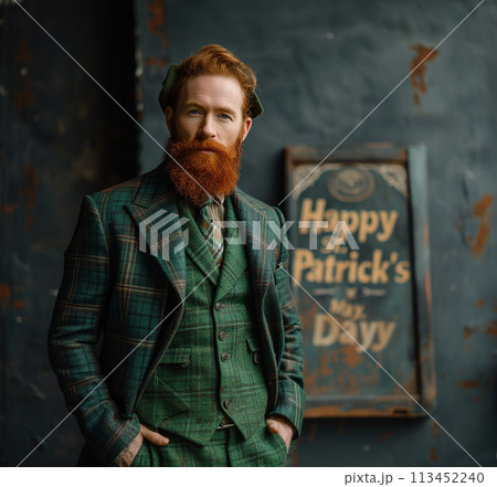 Man green traditional Irish attire holding Happy St. Patrick's Day sign. Copy space. 113452240