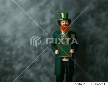 Man hat green traditional Irish attire holding Happy St. Patrick's Day sign. Copy space. 113452241