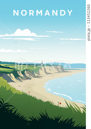 Travel poster with spectacular view of coastline of Normandy, France. 113452260