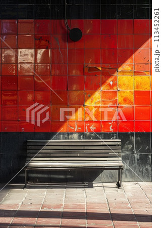A bench sitting in front of a red and orange wall, AI 113452261