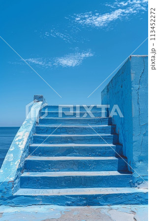A blue painted steps leading up to a wall with an ocean view, AI A blue painted steps leading up to a wall with an ocean view, AI 113452272