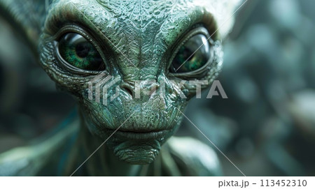A close up of a green alien with big eyes and long hair, AI 113452310