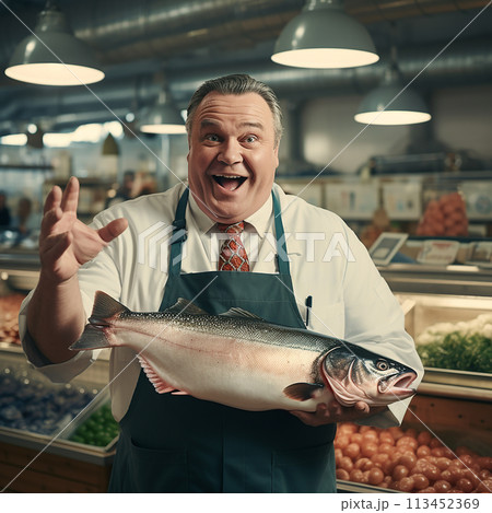 Cheerful chef holding large fish at market. Seafood market concept, copy space, design advertising Cheerful chef holding large fish at market. Seafood market concept, copy space, design advertising 113452369