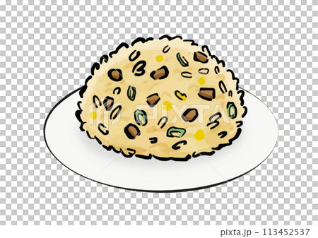 Line drawing illustration of fried rice on a plate 113452537