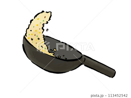 チャーハンを炒める、中華鍋をあおる線画イラスト 113452542