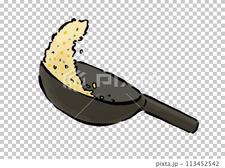 Line drawing illustration of frying fried rice and stirring a wok Line drawing illustration of frying fried rice and stirring a wok 113452542