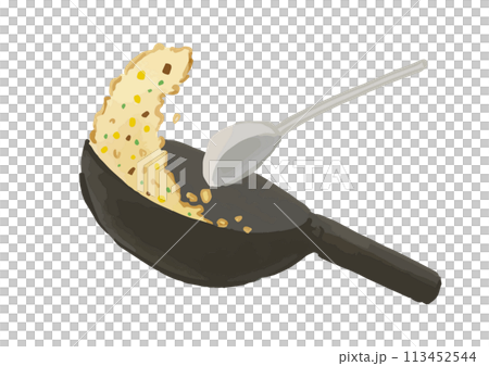 Illustration of frying fried rice and stirring a wok 113452544