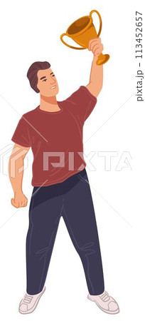Champion man holding golden cup in hands vector Champion man holding golden cup in hands vector 113452657