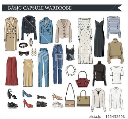 Basic capsule wardrobe for elegant women vector Basic capsule wardrobe for elegant women vector 113452698