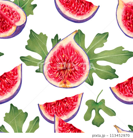Seamless pattern of fig slices with red pulp and leaves. Botanical illustration with watercolors and markers. Tropical berries background. Hand drawn isolated art. For packaging, fabric, wallpaper. Seamless pattern of fig slices with red pulp and leaves. Botanical illustration with watercolors and markers. Tropical berries background. Hand drawn isolated art. For packaging, fabric, wallpaper. 113452970