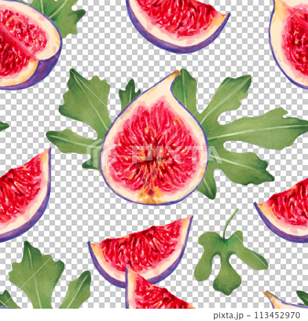 Seamless pattern of fig slices with red pulp and leaves. Botanical illustration with watercolors and markers. Tropical berries background. Hand drawn isolated art. For packaging, fabric, wallpaper. 113452970