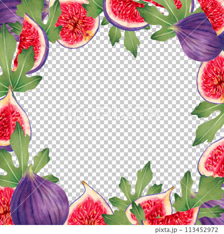 Square frame of whole figs and pieces with leaves. Botanical illustration with watercolors and markers.Tropical berries background with space for text.Hand drawn isolated art.For food,juice packaging. Square frame of whole figs and pieces with leaves. Botanical illustration with watercolors and markers.Tropical berries background with space for text.Hand drawn isolated art.For food,juice packaging. 113452972