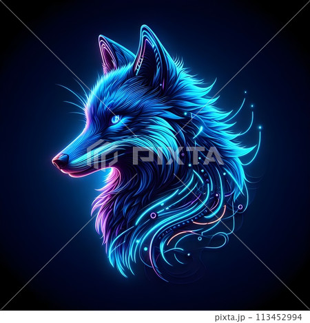 A beautiful blue fox logo mixed with cyberpunk neon lights. 113452994