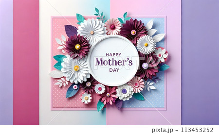 Happy Mother's Day crafted paper floral arrangement in circular frame with pastel background Happy Mother's Day crafted paper floral arrangement in circular frame with pastel background 113453252
