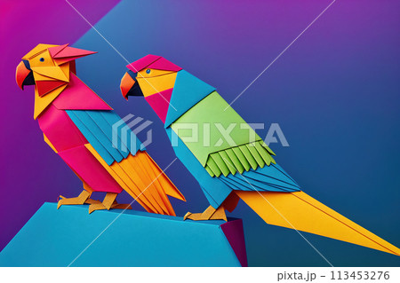 Two colorful parrots standing on a pedestal. 113453276