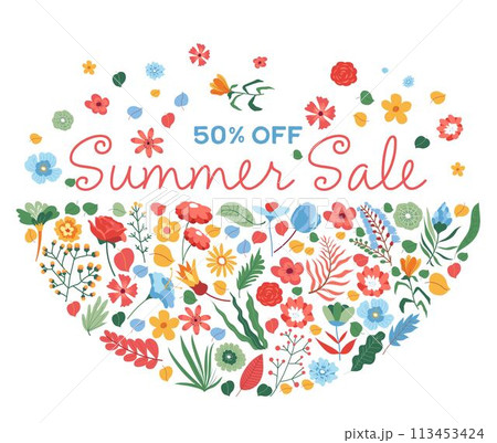 Summer Sale off vector banner flower print Summer Sale off vector banner flower print 113453424