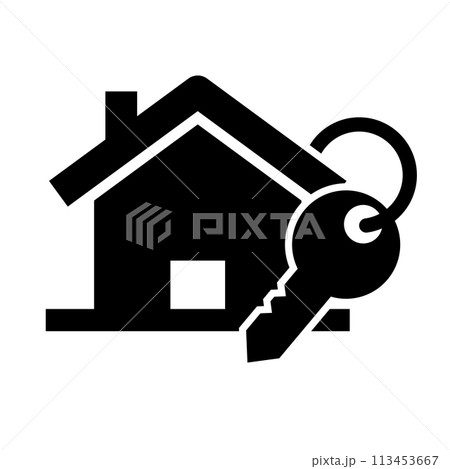 住宅と住宅の鍵のシルエットアイコン。ベクター。 113453667