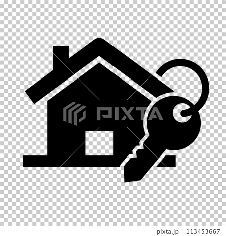 住宅と住宅の鍵のシルエットアイコン。ベクター。 113453667