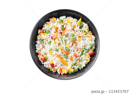 White rice with vegetables in a black bowl isolated on white background White rice with vegetables in a black bowl isolated on white background 113453707
