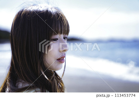 海で感傷に浸る女性の横顔 113453774