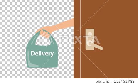 Illustration of a hand holding a delivery bag coming out of an open door 113453788