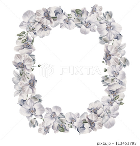 White orchid flowers in a rectangular frame composition to decorate your themed printables. Tropical plants. Watercolor illustration. For invitations, weddings, birthdays, beach party. White orchid flowers in a rectangular frame composition to decorate your themed printables. Tropical plants. Watercolor illustration. For invitations, weddings, birthdays, beach party. 113453795