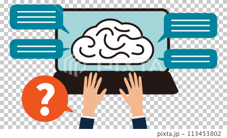 Illustration of a brain and hands on a laptop screen 113453802