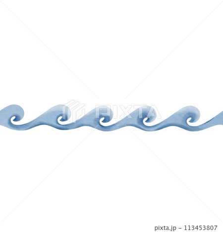 Stylized wave, seamless border. Blue and white monochrome color palette. Waves of ocean, sea. Watercolor illustration. Element of azulejo tiles. For stickers, stationery, textiles. 113453807