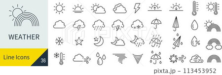 ベクターの天気の線画アイコンセット ベクターの天気の線画アイコンセット 113453952