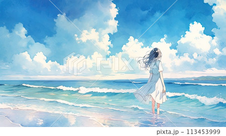 夏の海を眺める女性_1のイラスト素材 [113453999] - PIXTA
