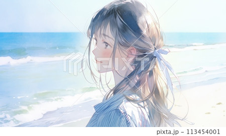 夏の海を眺める女性_3のイラスト素材 [113454001] - PIXTA