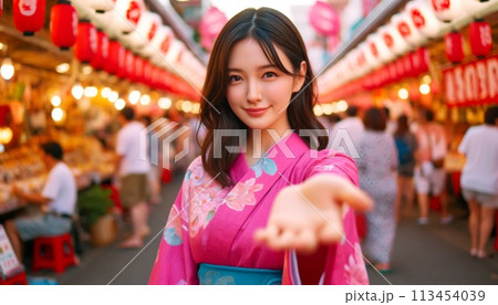 浴衣姿の若い女性 113454039