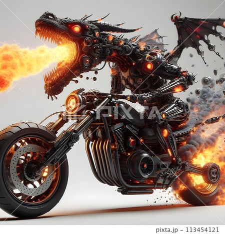 A dragon-shaped robot with wheels on a black motorcycle. There was fire in the mouth and the eyes were running. 113454121