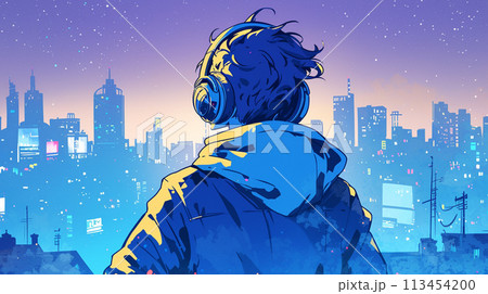 街の夜景を見ながらヘッドフォンで音楽を聴く男性の後ろ姿 街の夜景を見ながらヘッドフォンで音楽を聴く男性の後ろ姿 113454200