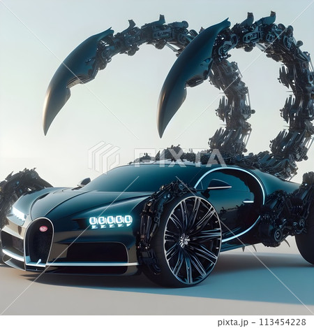 A futuristic machine that combines a giant black scorpion and a Bugatti Chiron, a car that takes the form of a living being. 113454228